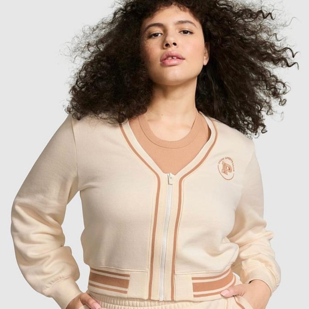 PINK Victoria's Secret Cream Cropped Bomber Jacket with Tan Trim